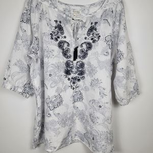 Open End 100% Linen Navy and White Embroidered Tassle Tie Blouse Top, EUC, szXL